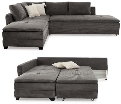 Federkern Ecksofa B306/T223/H95 cm Dauerschläfer, Doppelbett Schlaffunktion, Kaltschaum-Topper, Bettkasten, Regal, Schwenkteil links oder rechts montierbar, Bezug Cord Grau Anthrazit / 15163