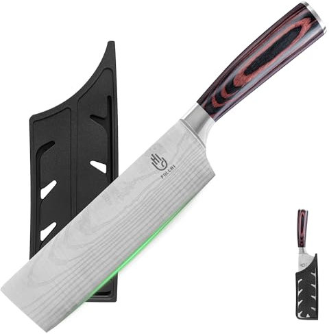 FULLHI Coltello Nakiri con protezione, colore 17cm coltelli giapponesi, carne Veg taglio coltello da cucina in acciaio inox con guaina (Legno di caffè)