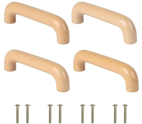 SWAWIS 4 Stück Holzgriffe, 96mm Möbelgriffe Holz, Schubladengriffe Holz Bogenförmig, Türgriff Küchenschränke mit Schrauben, Schrankgriff Holz für Schränke Schubladen Möbel Küchen