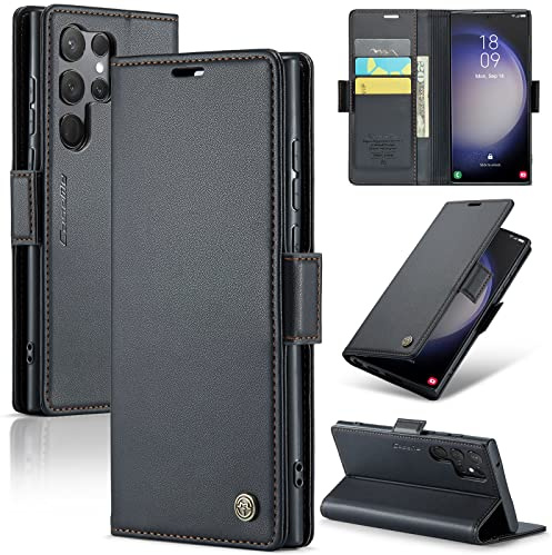 Rerzoiro fodral för Samsung Galaxy S23 Ultra, premium PU-läder telefonfodral med RFID-blockering, ställ, kortplats, magnetiskt skydd, flip bok plånboksfodral för Samsung S23 Ultra, Svart