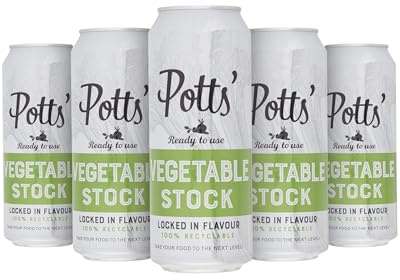 Potts’ Vegetable Stock in Can, 500ml, Pack of 5 - Canned Mixed Vegetables Broth for Soups, Sauces, & Stews - Flavour Enhancer Made w/Potato Flakes, Onion, Leek, Celery - Easy Open Can, Ready to Use
