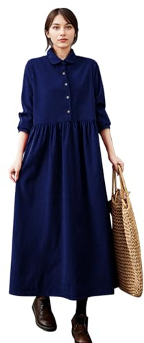 Boodtag Robe pour femme vintage grande taille en velours côtelé - UK - Dames élégantes - Longue robe chemise - Coupe ample - Ligne A - Maxi blouse - Col à revers - Tenue d'automne hiver, bleu marine