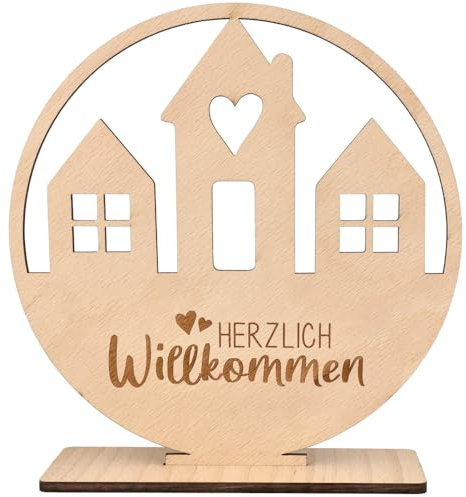 Spruchreif | Holzaufsteller Rund Herzlich Willkommen | Holzschild mit Gravur & Holzfuß | Willkommensschild für Eingang | Türschild für Zuhause | Geschenkidee | 20 cm