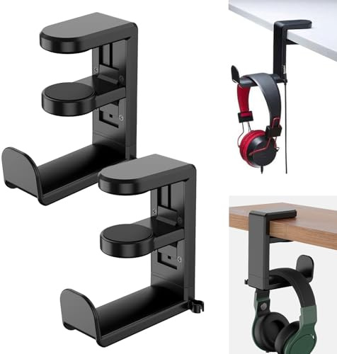 2 stycken hörlursstativ hörlurshållare med 360° vridbar hörlurshållare, hörlursstativ skrivbord hörlurshängare klämma gaming headset hållare svart