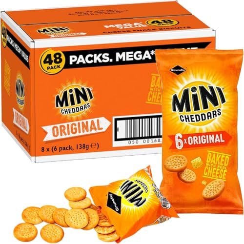 Mini Cheddars Snacks Bulk - Mega Value Box of 48 x 23g Original Cheddar Biscuits Baked with Real Cheese Bar Snack for Home Pub, Birthday Party Food or Lunchbox Snack with Birthday Card