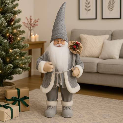 Marco Paul 60 cm Grey Santa Claus Christmas Decoration - Soft Quilted Father Christmas Figure with Faux Fur Trim - Freestanding Indoor Xmas Ornament for Mantelpiece, Shelf & Modern Winter Home Décor