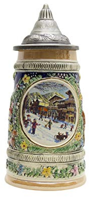 0.55 Liter OktoberfestHaus (Winter) In Germany Beer Stein With Lid - German Gifts for Men, Collectible Steins, Mugs for Beer Lover Gift Idea