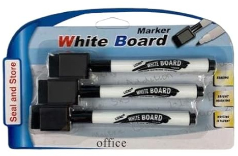 Black Magnetic Dry Wipe Markers Whiteboard Pens with Eraser - 3 Pack