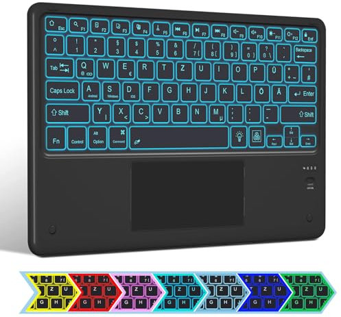 BL Bluetooth-Tastatur mit Touchpad, Kabellose Bluetooth-Tastatur für Tablet iPad kompatibel mit Android/iOS/Windows, QWERTZ Deutsches Layout Kabellose Tastatur mit 7 Farben Beleuchtete USB-C