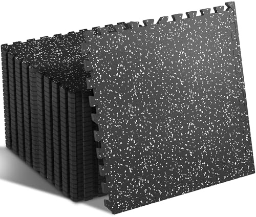 SUPERJARE 0.4'' Thick 24 Pcs 96 Sq Ft Rubber Top Exercise Equipment Mats, High Density EVA Foam Mats with Rubber Top, Interlocking Gym Flooring for Home Gym, Protective Workout Mat, Black/Grey