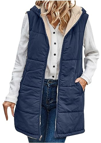 Women Fleece Gilet Ladies Polar Fleece Vest Hooded Body Warmer Sleeveless Winter Down Coat Sherpa Lined Gilet Long Puffer Jacket Knee Length Padded Jacket with Pocket Warehouse Deals Dlearance