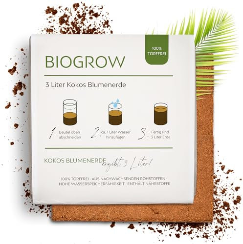growgreens Terriccio di Cocco Biologico pressato in Sacchetto espandibile - Terriccio biodegradabile, Privo di Torba, Composto al 100% da Fibre di Cocco (3 Litri)