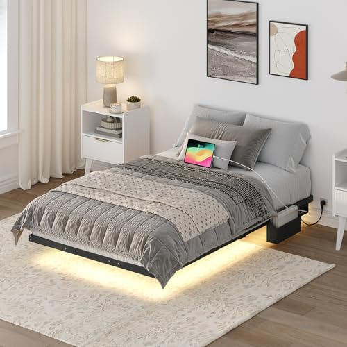 MAHANCRIS Cadre de Lit 90 x 200 cm, Jambes cachées, Cadre en Métal avec Station de Charge et Ruban LED, Plateforme de Lit avec Rangement, sommier Non-nécessaire, sans Bruit, Noir ABFBK536UE01