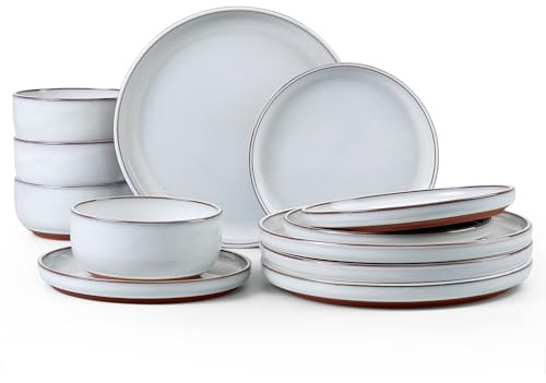 E-far Stoneware Dinnerware Sets for 4, 12 Pieces Reactive Glaze Plates and Bowls Sets, Elegant Dishes with Rustic Terracotta Base, Dishwasher & Microwave Safe, Scratch Resistant, Glacier White