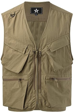 YOSUWOAI Chaleco de pesca para hombre con varios bolsillos, ligero, para camping, fotografía al aire libre, sin mangas, chaleco de trabajo, de secado rápido, transpirable, chaleco táctico, O Khaki, XL