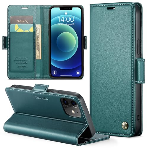 Rerzoiro for iPhone 12 Mini Case, Premium PU Leather Wallet Case Flip Cover with [RFID Blocking][Card Holder][Stand Function] Shockproof Protective for iPhone 12 Mini, Blue-Green