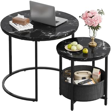 WLIVE Round Coffee Table Set of 2, 60X60X51cm Nesting Tables with Ample Storage, Wooden Wide Side Table with Sturdy Metal Frame for Living Room or Office, Marble Black