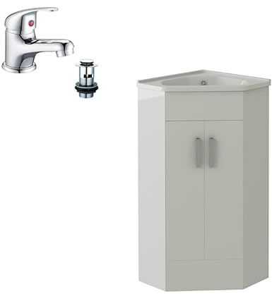 VeeBath Corner Cloakroom Vanity Unit and Basin with Mono Basin Mixer Tap and Waste, Space-Saving Bathroom Furniture Set, Ideal for Small Bathrooms and En-Suites in Gloss White, 400mm