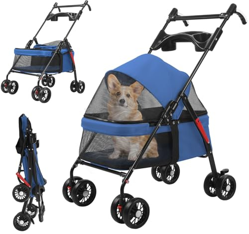 Fiauli Husdjursvagn med 4 hjul, 49 x 69 x 98 cm hopfällbar resehund joggingvagn med justerbart handtag, andningsbart och synligt nät, mugghållare för små medelstora hundar katter upp till 10 kg blå