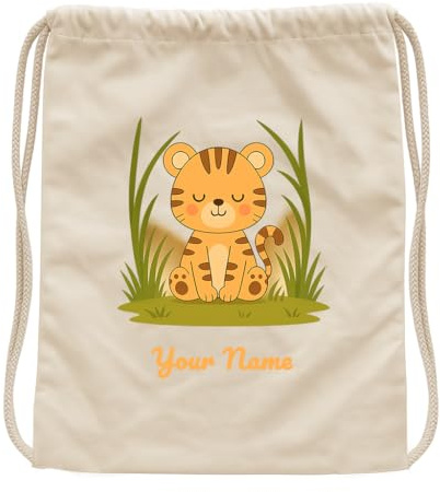 JOPHY & CO. Personalisierter Kinderbeutel | Rucksack mit Namen | 100% Baumwolle | Tasche für Kinder Schule / Kindergarten / Ausflug / Reisen / Sport 40 x 36 cm (Code 8701), beige, Taglia unica, Löwe