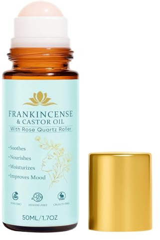 Frankincense And Castor Oil | 50 ml ricinolja rulle på med rosenkvarts | Natural Cold-Pressed Face MoisturizerOil | FineLines & hormonbalans | för ansikte, hals, buk