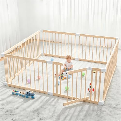 Baby Laufstall Holz mit Tür, Laufgitter für Babys & Kinder 185×185×61 cm