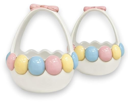 KORAT Decorazioni Pasqua in Ceramica con Coniglio Alzatina Porta Dolci Pasquali, Barattolo con Coperchio, Cestino Porta Ovetti e Porta Cioccolatini (Cestini Uovo di Pasqua con Fiocco)