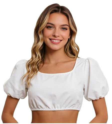Generisk Dirndl-blus damer, vit traditionell blus, Dirndlblus, kortärmad Dirndlblusar, kostymblus, puffärmar, dräkter, topp, för Oktoberfest, ölfest, firande, vardag, Vit, XL