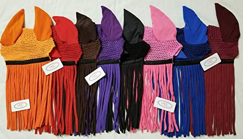 Horse/Full Fly Bonnet with Ears Net with Fringes Fly Veil Mask Hood Cotton Crochet Hand Made Breathable Protect Equestrian Tack Shows (Black)