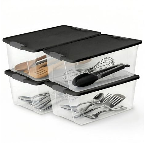 HOMZ 4-Pack Secure Latch, Clear Plastic Storage Organizer Bins, 15 Quart, Gray Lid - Stackable Container Boxes for Bedroom, Bathroom, Garage, and Office Organization