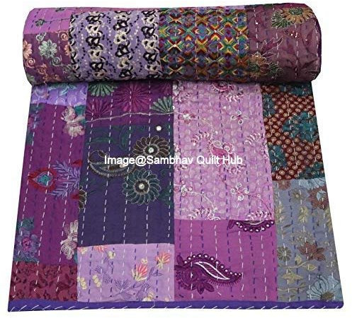 Quiting - Trapunta kantha a mano vintage con stampa khambadiya a mano Jari patchwork doppia dimensione ricamata, decorazione per la casa Khambadiya Kantha, coperta indiana (viola)