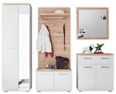 Stella Trading Gomera Flurgarderoben Set in Weiß, Artisan Eiche Optik - Modernes Garderobenset 5-teilig für Ihren Eingangsbereich - 256 x 198 x 38 cm (B/H/T)