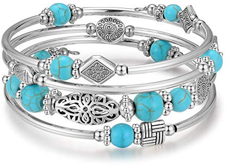 Bulinlin Damen Wickelarmband aus Natur Achat Stein Mehrschichtiges Perlen Silber Armkette Valentinstag Modeschmuck Geschenk（Turquoise）
