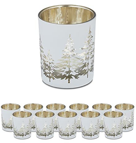 Relaxdays Teelichthalter im 12er Set, mit Tannenbaum-Motiv, HxD: 8,5 x 7 cm, Weihnachts-Windlicht aus Glas, weiß-gold