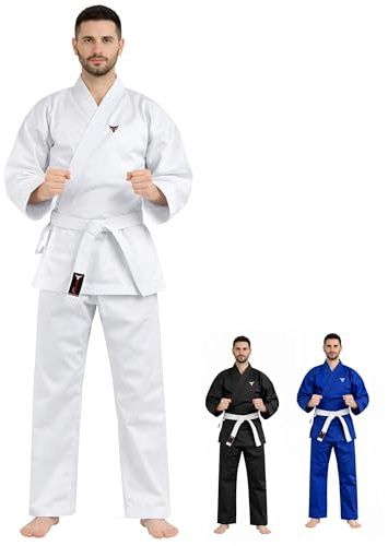 Mytra Fusion Uniforme Gi de Karaté adult avec Ceinture – Tenue d’Entraînement Arts Martiaux 200 g pour Hommes et Femmes – Tenue de Karaté Étudiant (Blanc, 7/200)