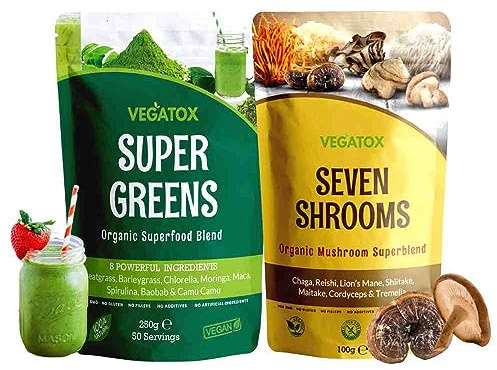 Superfood Powders | Super Greens 250g & Mushroom Powder 100g | Feel Good Superfoods Bundle | Ultimate Immune Support, Energy & Mood Boost | Smoothie Booster | Vegatox