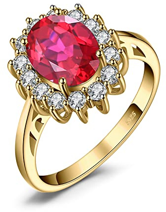 JewelryPalace Princess Diana Kate Middleton Gemstone Birthstone Red Ruby Halo Statement Engagement Rings for Women, 14K Yellow Gold Plated 925 Sterling Silver Promise Rings for Her Size 5.5