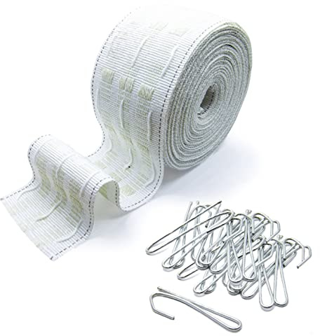 Marcoborthers Curtain Pleating Tape 10 Yards White British Style with 50 Pcs Stainless Steel Curtain Pleat Hook Clip, Perfect for Making Home Decor Projects.