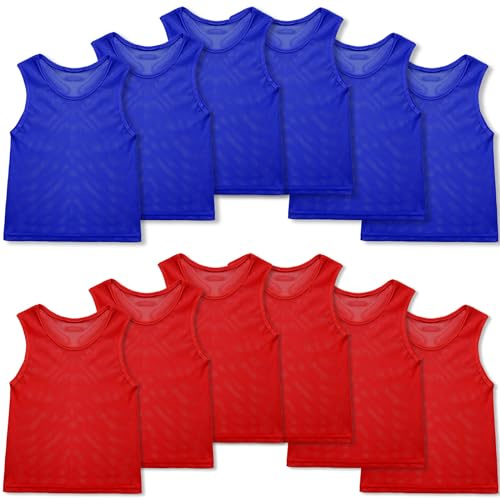 12 Pcs Gilets d'Entraînement d'Équipe de Mêlée Gilets de Sport en Maille de Nylon Maillots de Dossards pour Enfants Jeunesse Sports Basketball Football (Rouge, Bleu Foncé)
