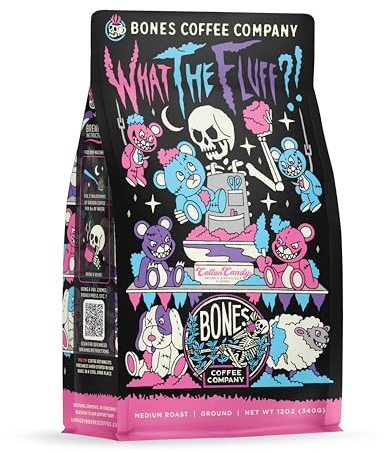 Bones Coffee Company What the Fluff?! Berry Cotton Candy Flavored Coffee, Medium Roast Low Acid Arabica Beans Compatible with Auto drip and French Press Coffee Maker, 12 Oz Ground
