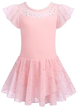 Arshiner Ballettkleidung Mädchen Masche Gerüschte Kurze Ärmel Tanzkleid Ballettkleid Kinder Baumwolle Ballettanzug Ballett Trikot Ballerina Kleid Balletttrikot Ballett Kleider mit Rock Tütü Rosa 140