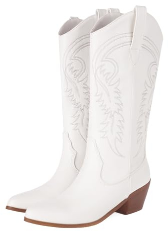 COOLCEPT White Cowgirl Boots for Women Mid Calf Cowboy Boots Pointed Toe Block Heel Western Boots Embroidered Cowgirl Boots for Festival Concert Party Size 38