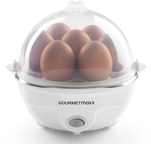GOURMETmaxx Cocedor de huevos para hasta 7 huevos | Cocedor de huevos eléctrico y de bajo consumo para distintos grados de dureza | Incluye taza medidora con recogedor de huevos.