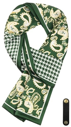 WANYING Écharpe pour homme en soie synthétique Ascot - Multifonction - Écharpe longue avec boucle en cuir - Casual Business Gentleman - 16 x 149 cm - Motif imprimé cachemire vert foncé, Vert foncé