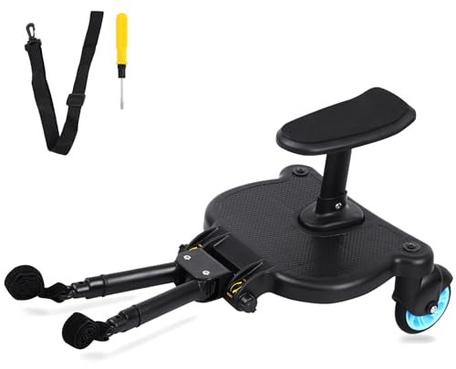 TRY-YEAN Buggy Board mit Sitz, Universal Kinderwagen Trittbrett Stehbrett mit 360° Zweirad, Tragfähigkeit 25KG, Abnehmbar Kinderwagensitz Kinderwagenzubehör für Kinder von 2-6 Jahren (Blau)
