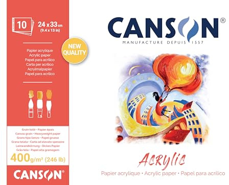 Canson Acrylic, Blocco Carta per Colori Acrilici Grana Telata 24x33 cm, 400gm, 10 Fogli, Collato un Lato