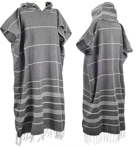 laoyuandamai 1pcs Large Turkish Cotton Poncho Towel Surf Poncho Changing Robe with Hood and Front Pocket Absorbent Wearable Towel Hooded Beach Towel for Adult Man Women Beach Pool and Swim(Grey, L)