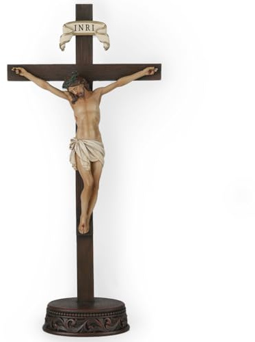 Cruz de pie con crucifijo católico BC, decoración del hogar de Jesucristo, regalo religioso, aspecto tallado de madera, acabado realista, 27,7 cm de alto, pintado a mano por Buildclassic