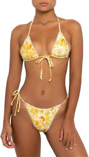 Aretas Womens Yellow Floral Print Bikini Sets Two Piece Swimwear Triangle String Halter Sexy Thong Bikini Swimsuit Bathing Suit for Women