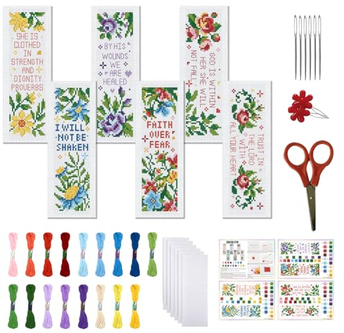 FREEBLOSS 6 juegos de marcapáginas de punto de cruz con patrón de rosas estampadas, juego de punto de cruz, marcapáginas DIY, juego de punto de cruz con instrucciones para principiantes y adultos de 8